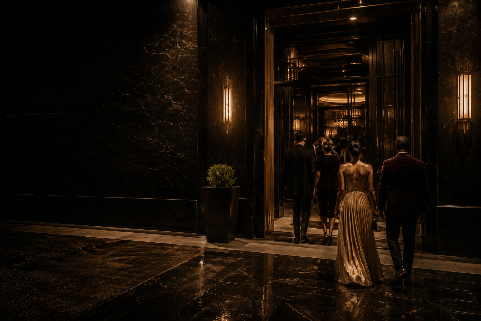 Guests entering an elegant private lounge at night